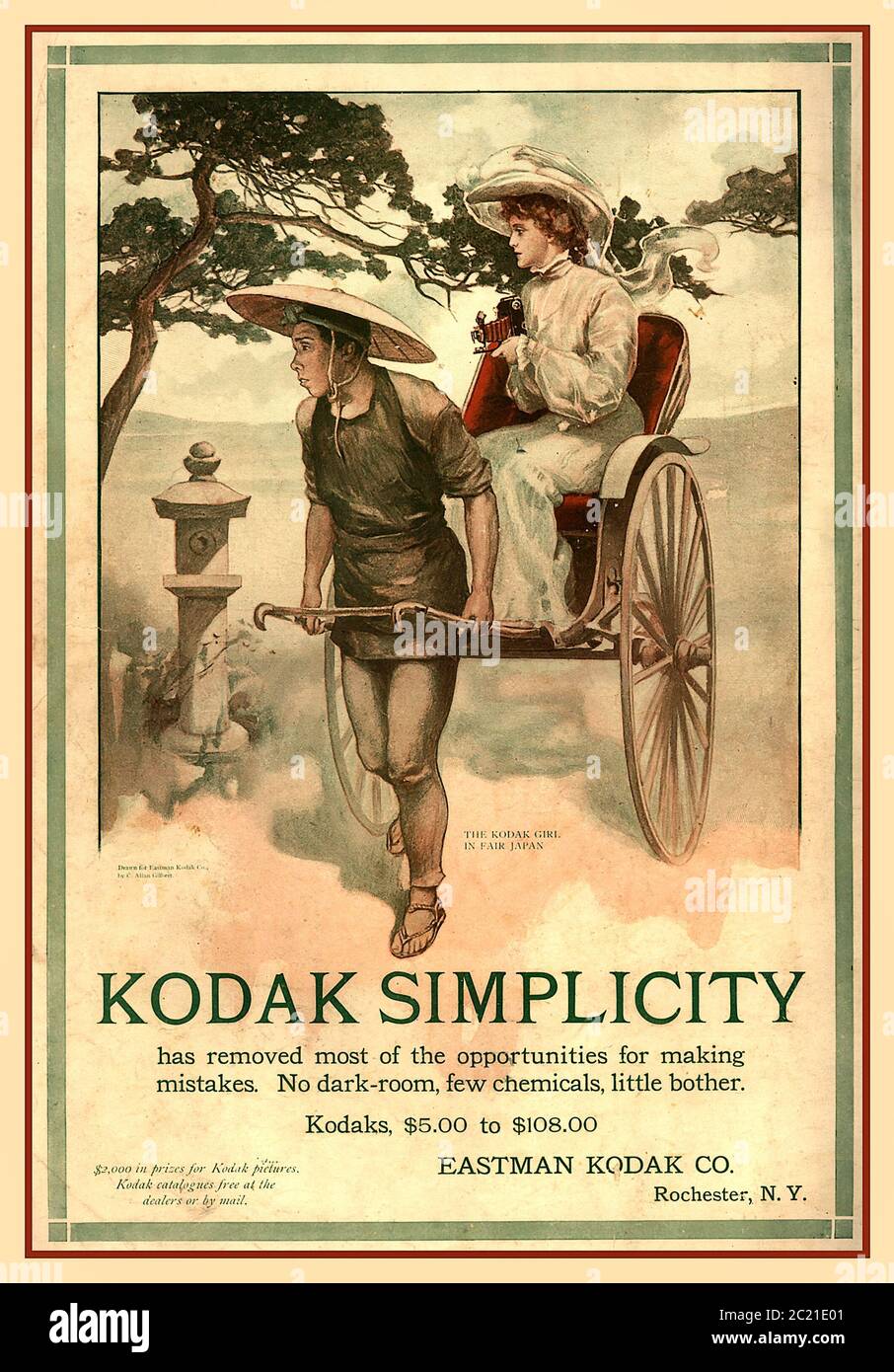Vintage Kodak Advertising Poster 1905 'The Kodak Girl in Fair Japan. 'Kodak Simplicity' has removed most of the opportunities for making mistakes. No dark-room, few chemicals, little bother. Kodaks, (five to one-hundred and eight dollars) Eastman Kodak Co. Rochester, N.Y. (two-thousand dollars) in prizes for Kodak pictures, Kodak catalogues free at the dealer or by mail.' Stock Photo