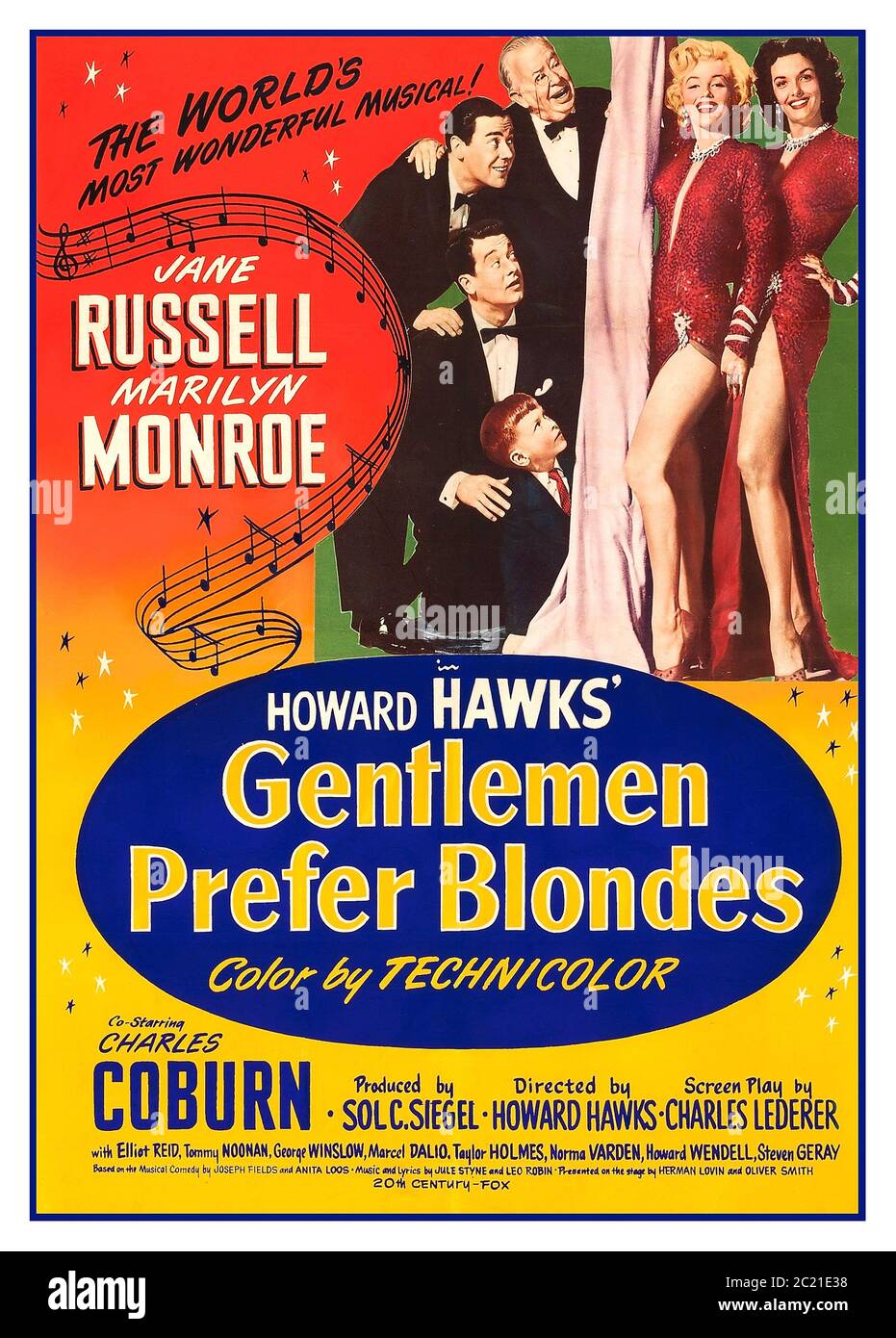 Archive Movie Poster 'Gentlemen Prefer Blondes' (20th Century Fox, 1953) Jane Russell and Marilyn Monroe, wind their way across the Atlantic to Paris on an elegant ocean liner, all the while searching for rich husbands. Under the direction of Howard Hawks (and  help from substitute singer Marni Nixon), Marilyn has one of her best-known screen moments with her rendition of 'Diamonds Are a Girl's Best Friend'. Starring Jane Russell and Marilyn Monroe, Charles Coburn, Elliott Reid,Tommy Noonan,George Winslow ,Marcel Dalio,Taylor Holmes Norma Varden Howard Wendell, Steven Geray Stock Photo