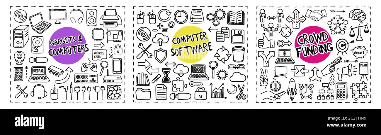 Gadgets and Computers, Computer Software and Crowd Funding doodle icons set Stock Vector