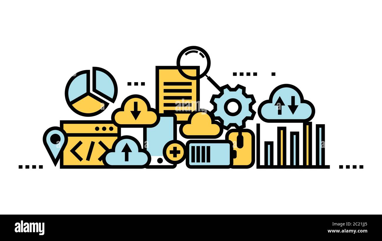 Flat line icon art style concept, Cloud computing, data storage, web services. vector illustration Stock Vector