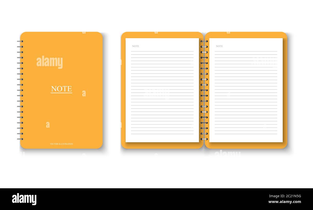 Realistic yellow notebook with A4 paper note, vector illustration Stock Vector