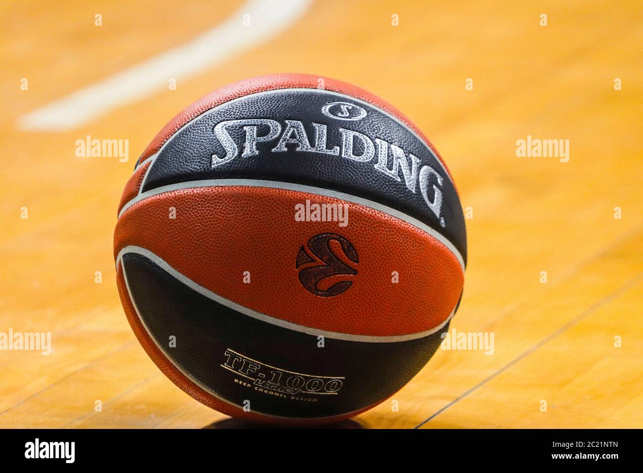 ISTANBUL / TURKEY - FEBRUARY 20, 2020: EuroLeague ball during EuroLeague 2019-20 Round 24 basketball game between Fenerbahce and Real Madrid at Ulker Sports Arena. Stock Photo