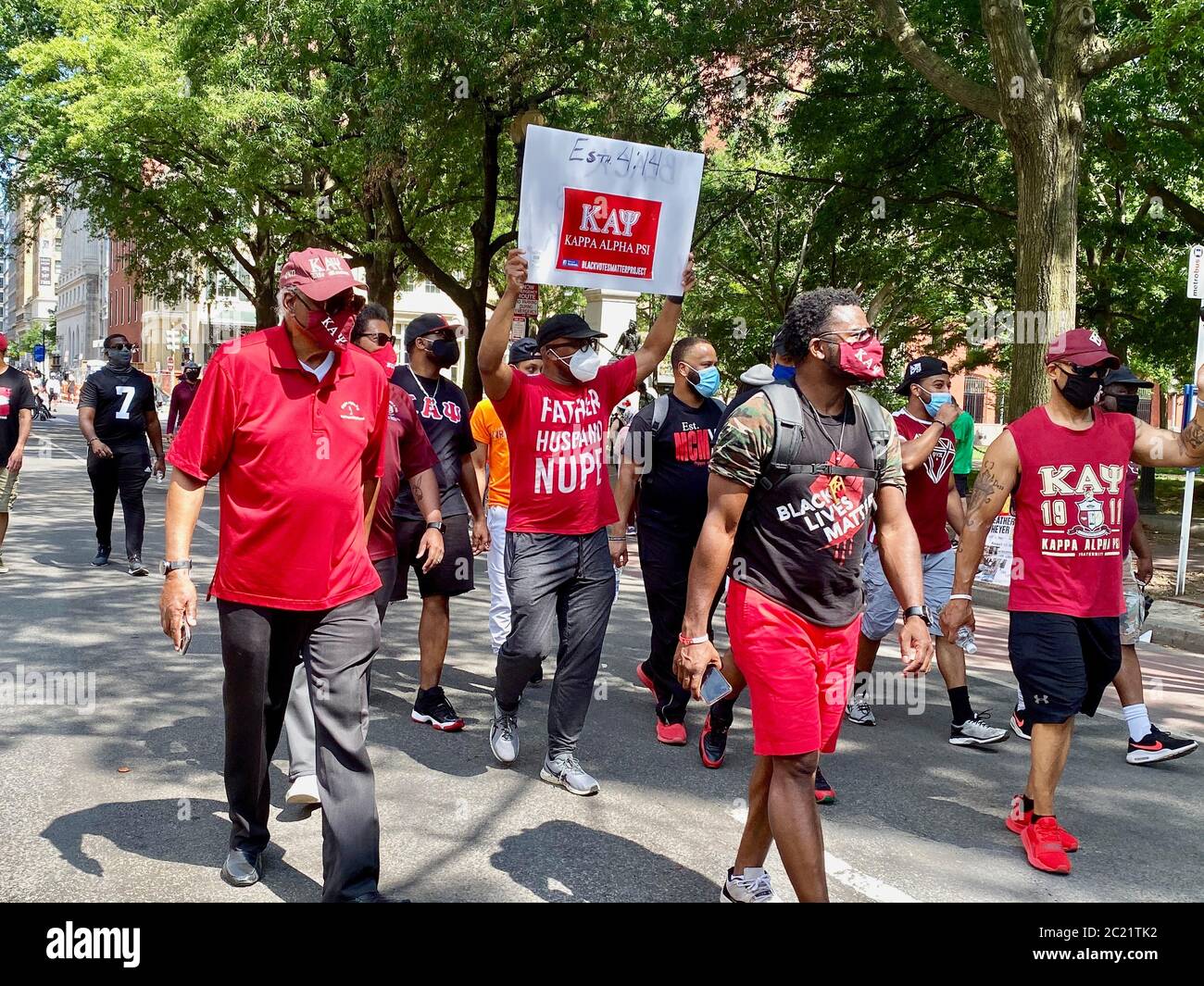 Washington D.C, District of Columbia, USA. 14th June, 2020. Kappa Alpha  Psi, a fraternity, combines reunion with protest as they join other angry  protestors celebrate TrumpÃ•s Birthday on his front lawn at