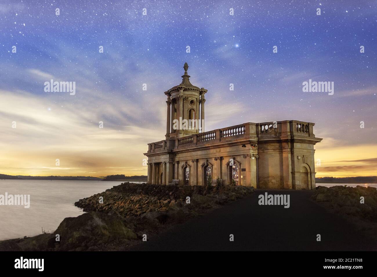 Normanton Church at night, Rutland Water Reservoir, Leicestershire. Stock Photo
