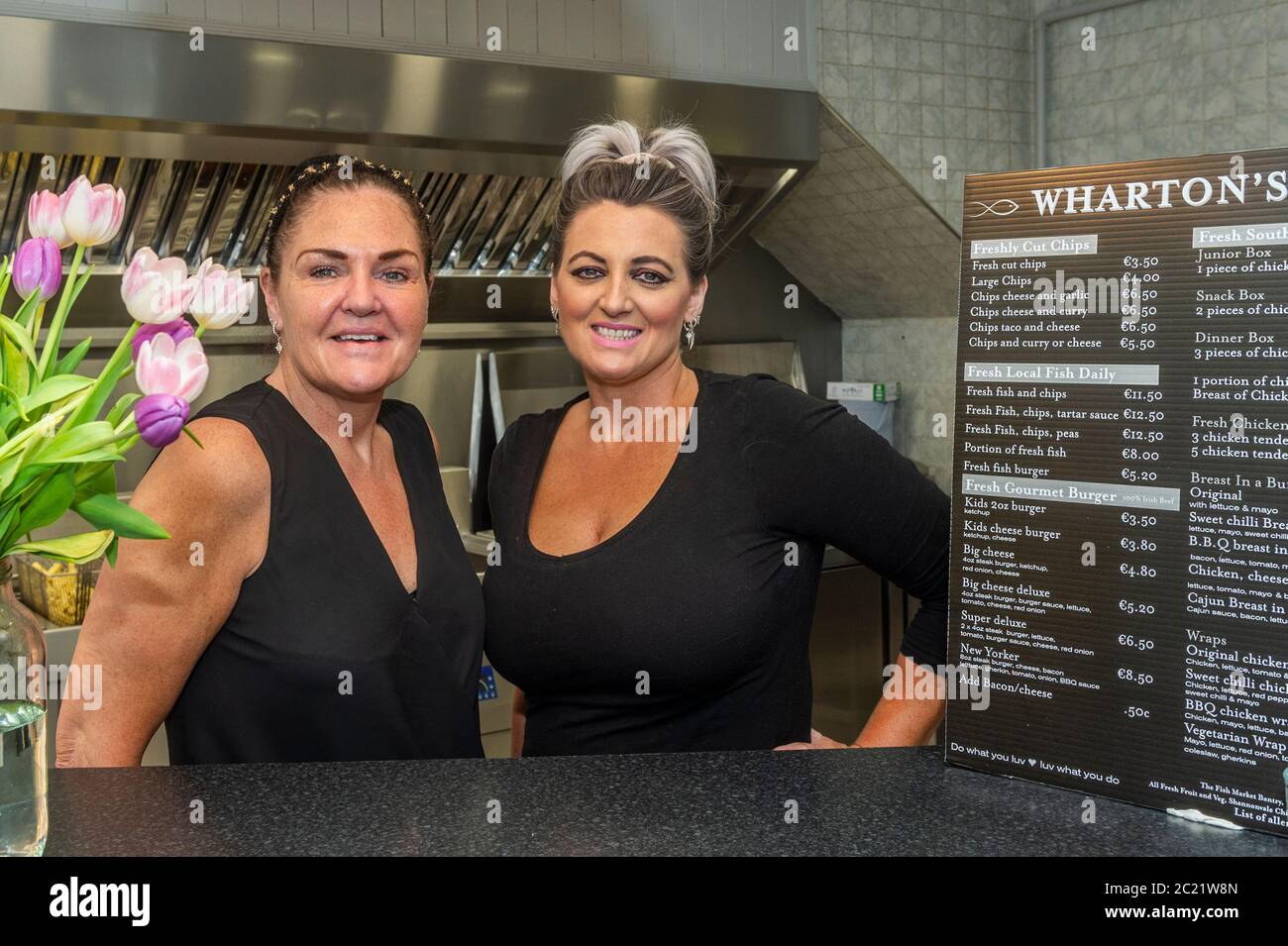 Bantry, West Cork, Ireland. 16th June, 2020. The very popular Wharton's Fish and Chip Shop reopened recently after a 13 week closure due to the Covid-19 pandemic. Sisters and owners, Mary and Catherine Wharton, said the locals have been very supportive since the chip shop has reopened. Credit: AG News/Alamy Live News Stock Photo