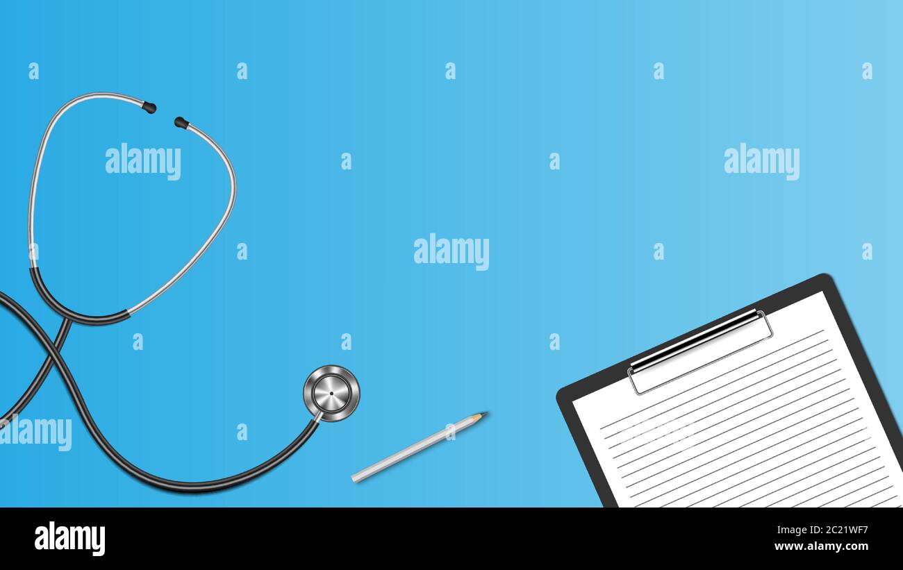 Realistic stethoscope and clipboard isolated on blue background ...