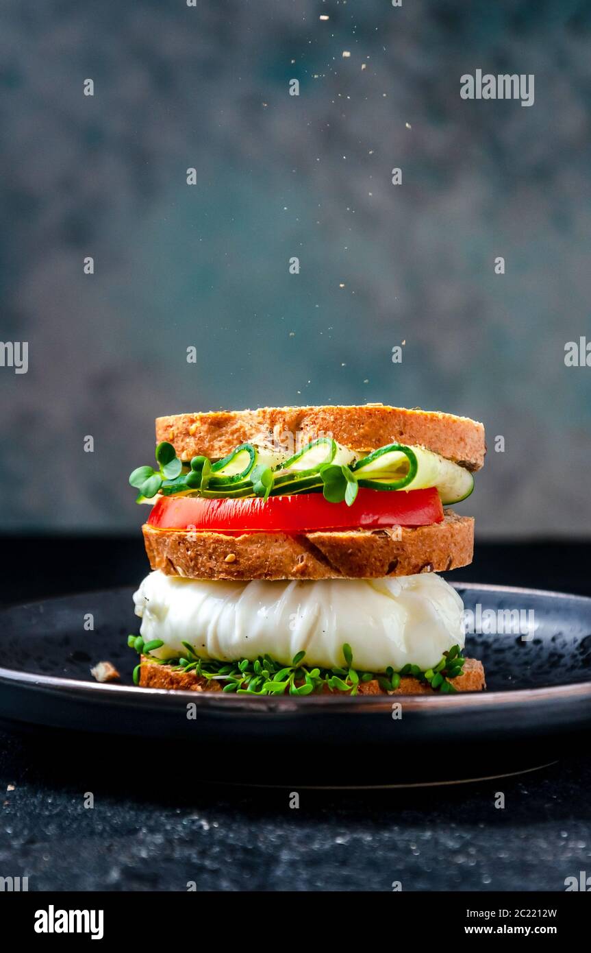 Homemade Healthy Sandwich with Wholegrain Bread, Poached Egg, Cucumber, Tomato and Micro Herbs Watercress Salad. Stock Photo