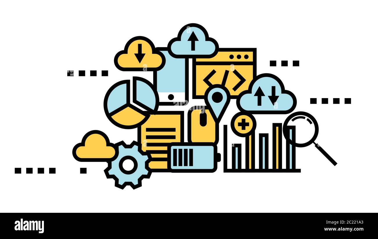 Flat line icon art style concept, Cloud computing, data storage, web services. vector illustration Stock Vector