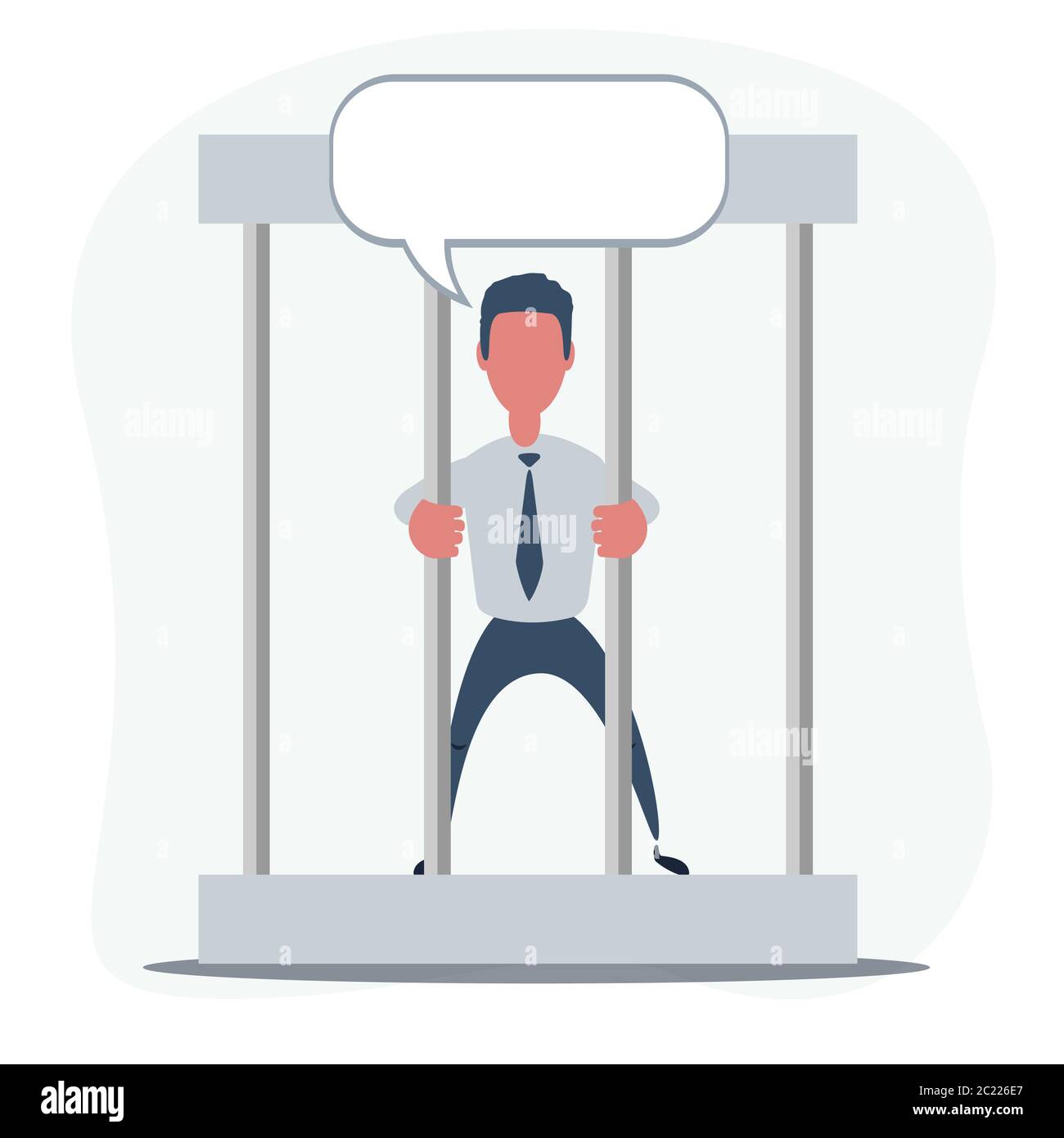 Sad businessman with speech bubble in prison behind the bars. Financial