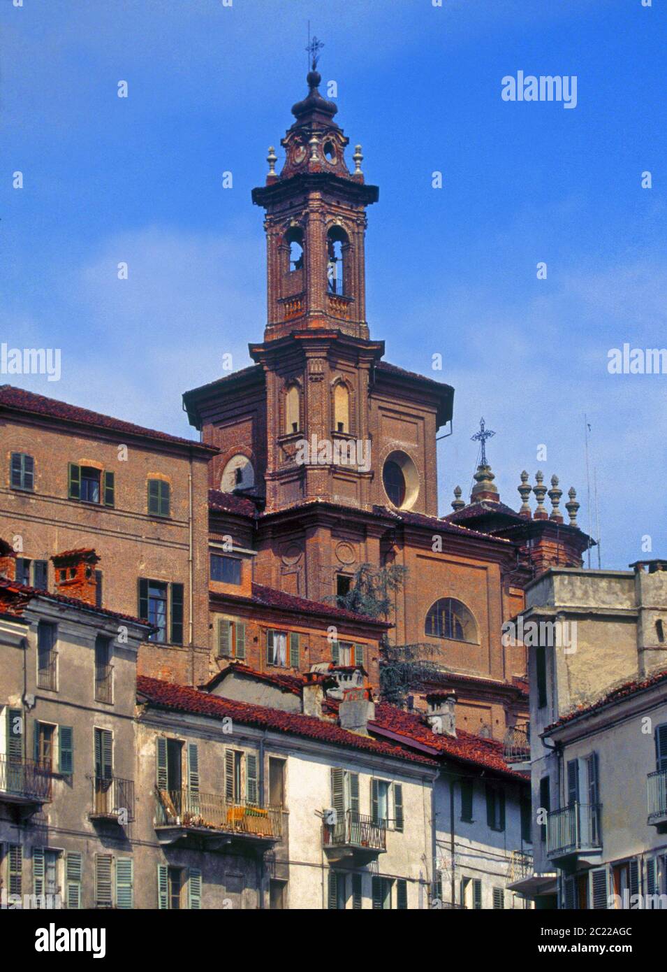 Fossano: view of the bell tower and dome of the church of SS. Trinity. Stock Photo