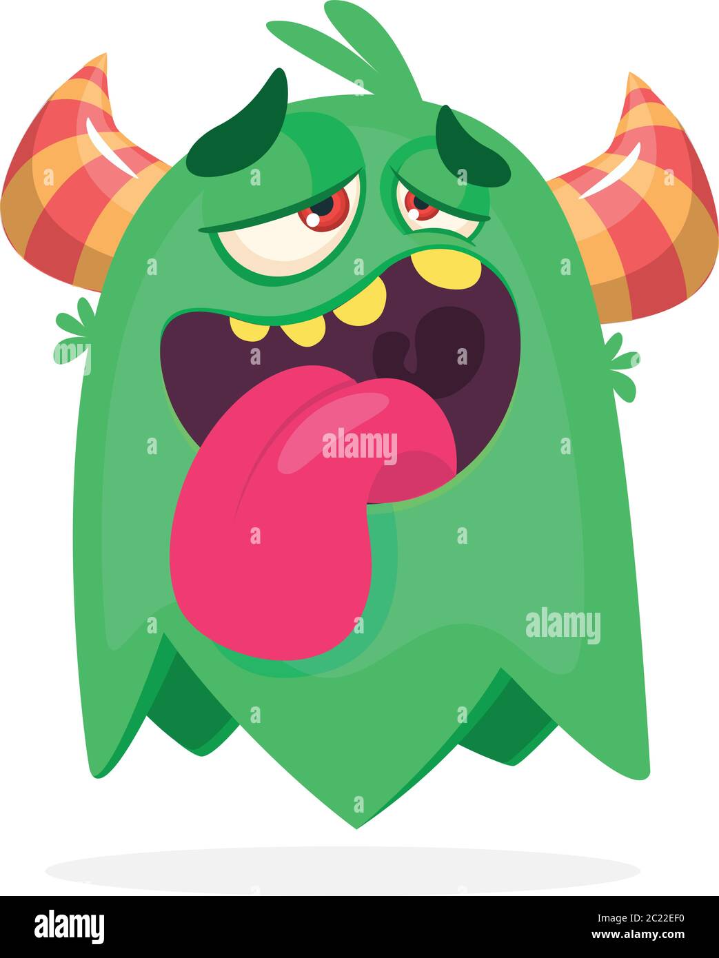 Happy green cartoon horned monster. Tired monster emotion showing his