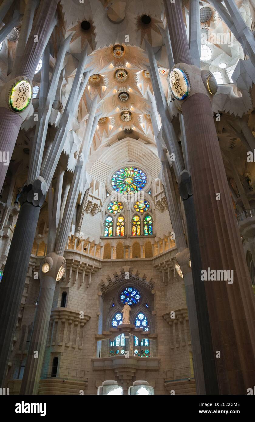 Interior of the Basilica of the La Sagrada Familia, designed by Antoni Gaudi, his work is part of a UNESCO World Heritage Site, Barcelona, Spain Stock Photo