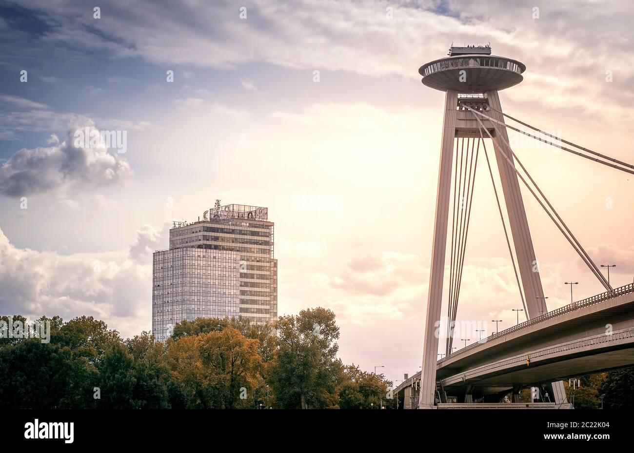 UFO restaurant towering over the bridge in Bratislava, Slovakia Stock Photo