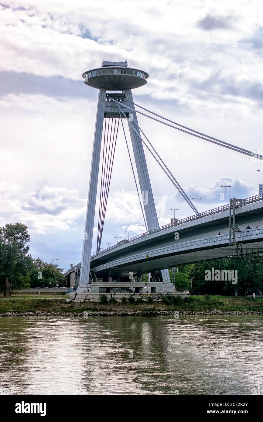 UFO tower restaurant above the river Danube in Bratislava, Slovakia Stock Photo
