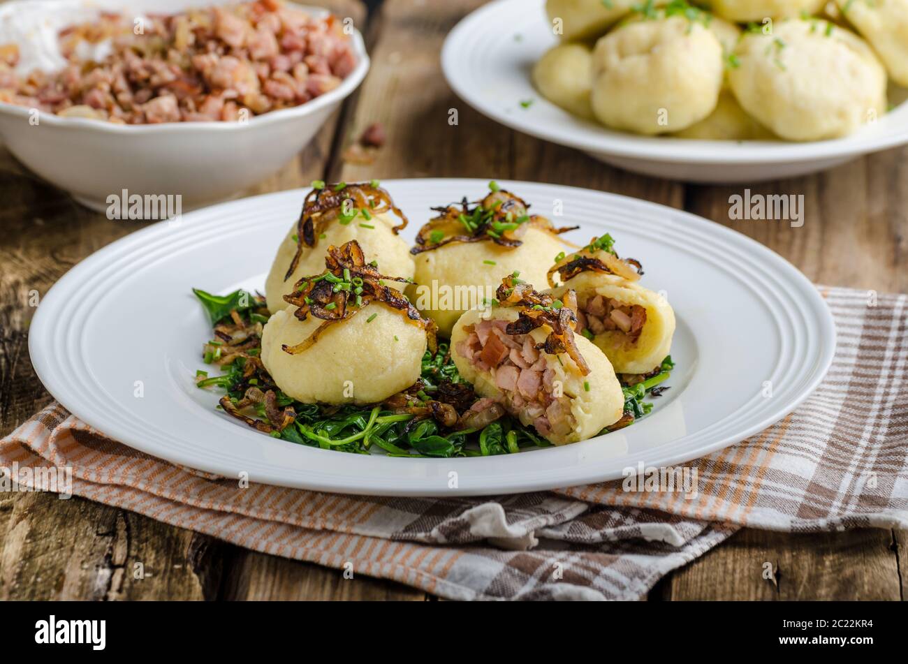 Potato dumplings stuffed with smoked meat, czech original meal, very unhealthy, but delicious