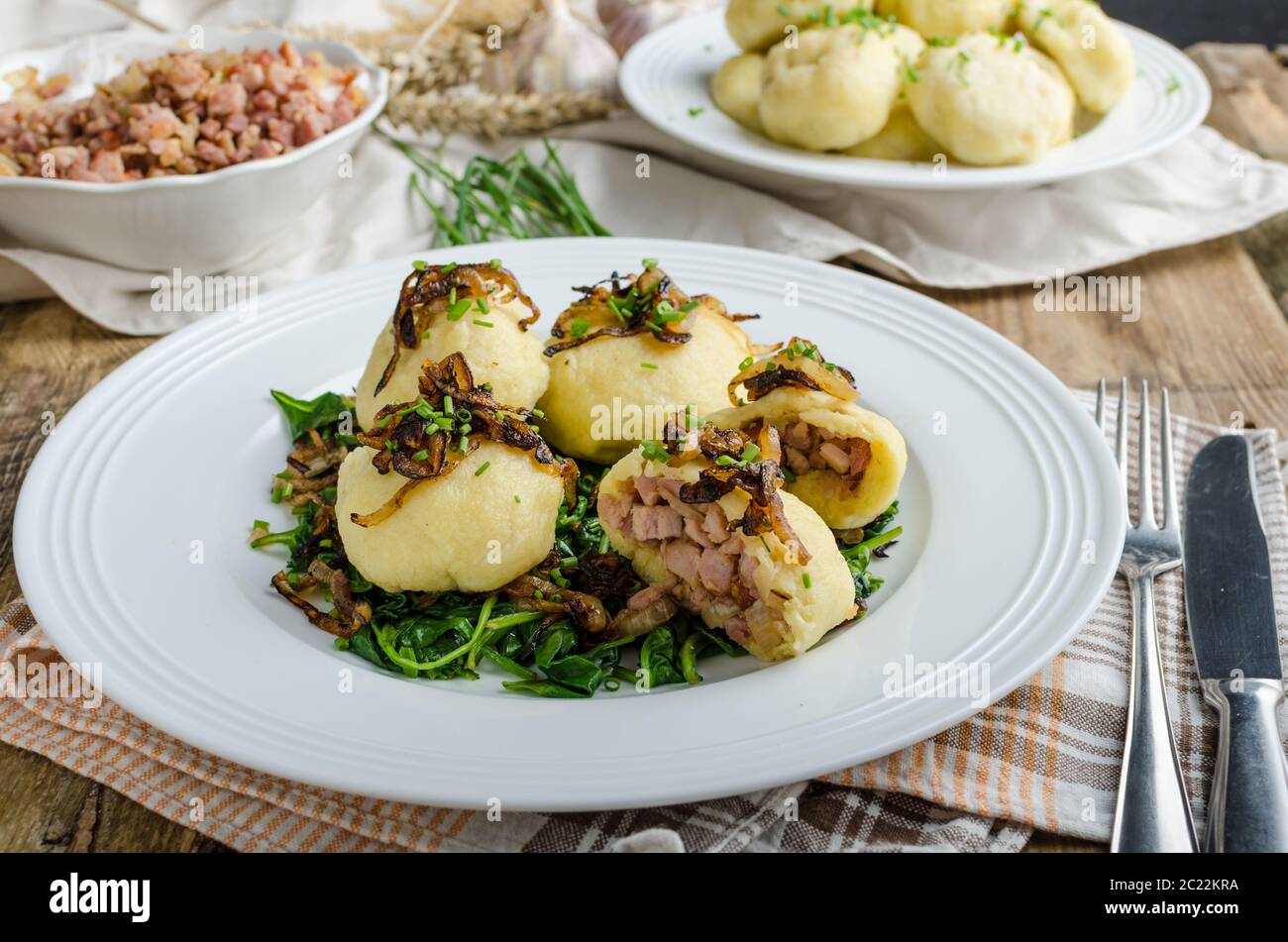 Potato dumplings stuffed with smoked meat, czech original meal, very unhealthy, but delicious