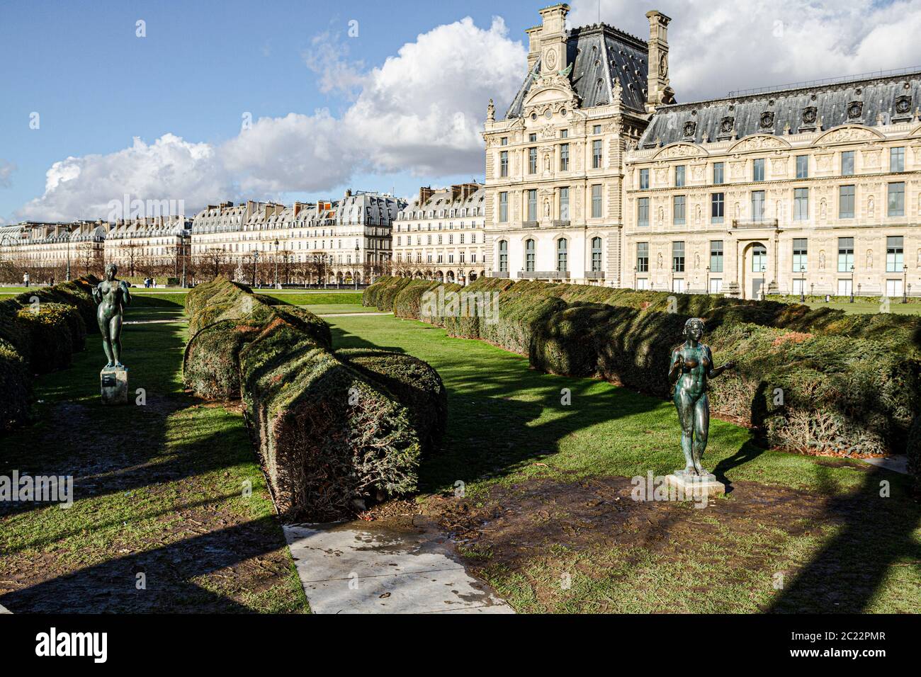 Tuileries Garden (Jardin des Tuileries) and partial view of Louvre Palace (Palais du Louvre). Paris, France. Stock Photo