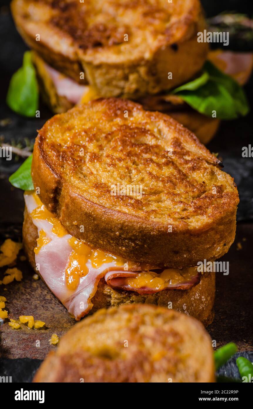 French toast with ham and cheese, melted cheese inside, delicious snack