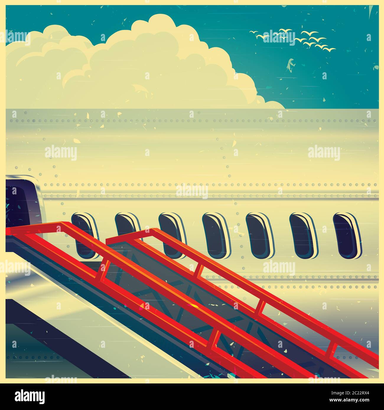 Stylized vector illustration on the theme of civil aviation. Jet airliner on an old poster, ready to take passengers Stock Vector
