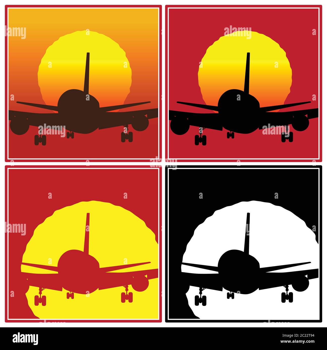 stylized vector illustration of a plane to takeoff or landing in the sun Stock Vector
