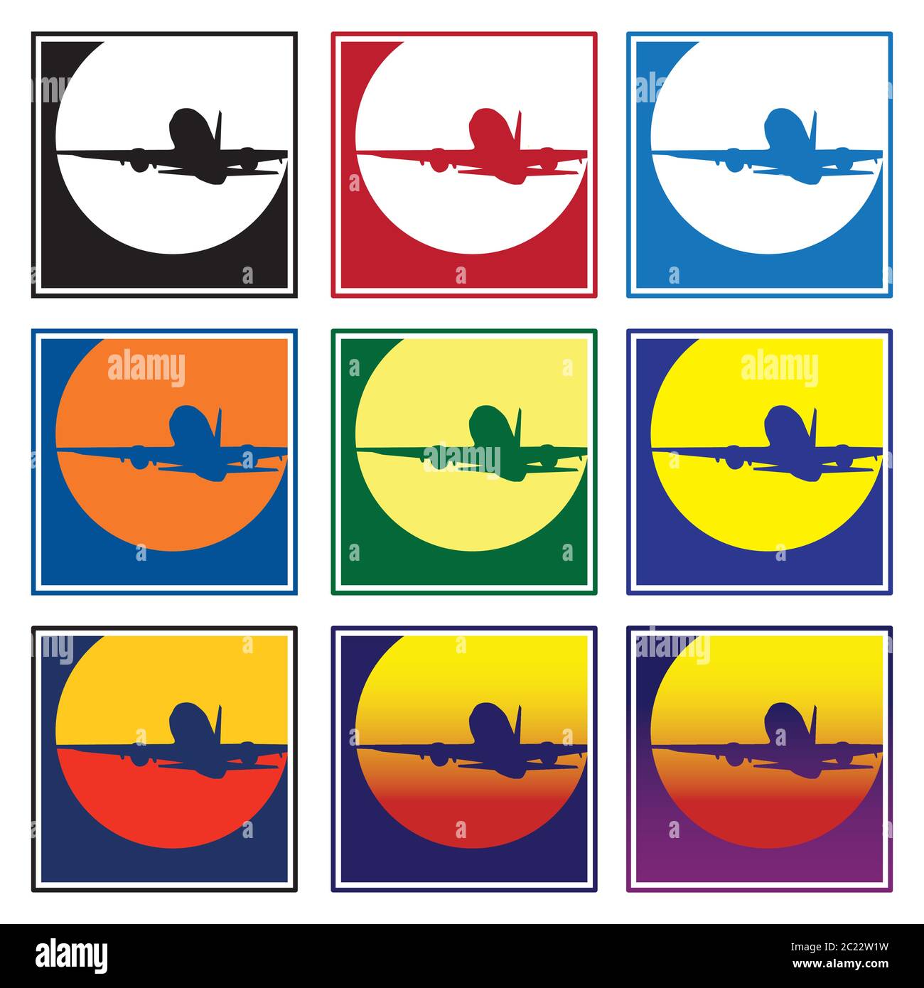 stylized vector illustration of a plane takes off in the sun Stock Vector