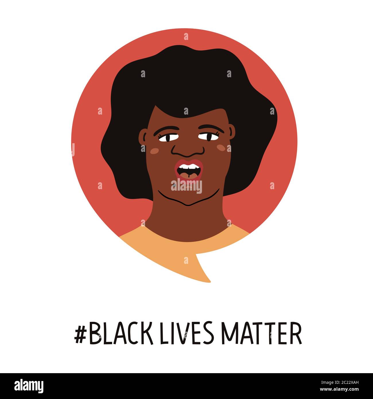Woman with black skin in speech bubble. Protest, march, piquet, demonstration, fight for human rights, freedom, equality, against discrimination Stock Vector