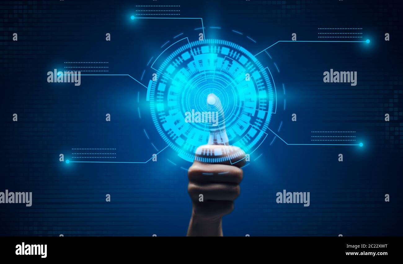 Man Scanning Thumb Fingerprint Touching Virtual Panel Over Blue Background Stock Photo