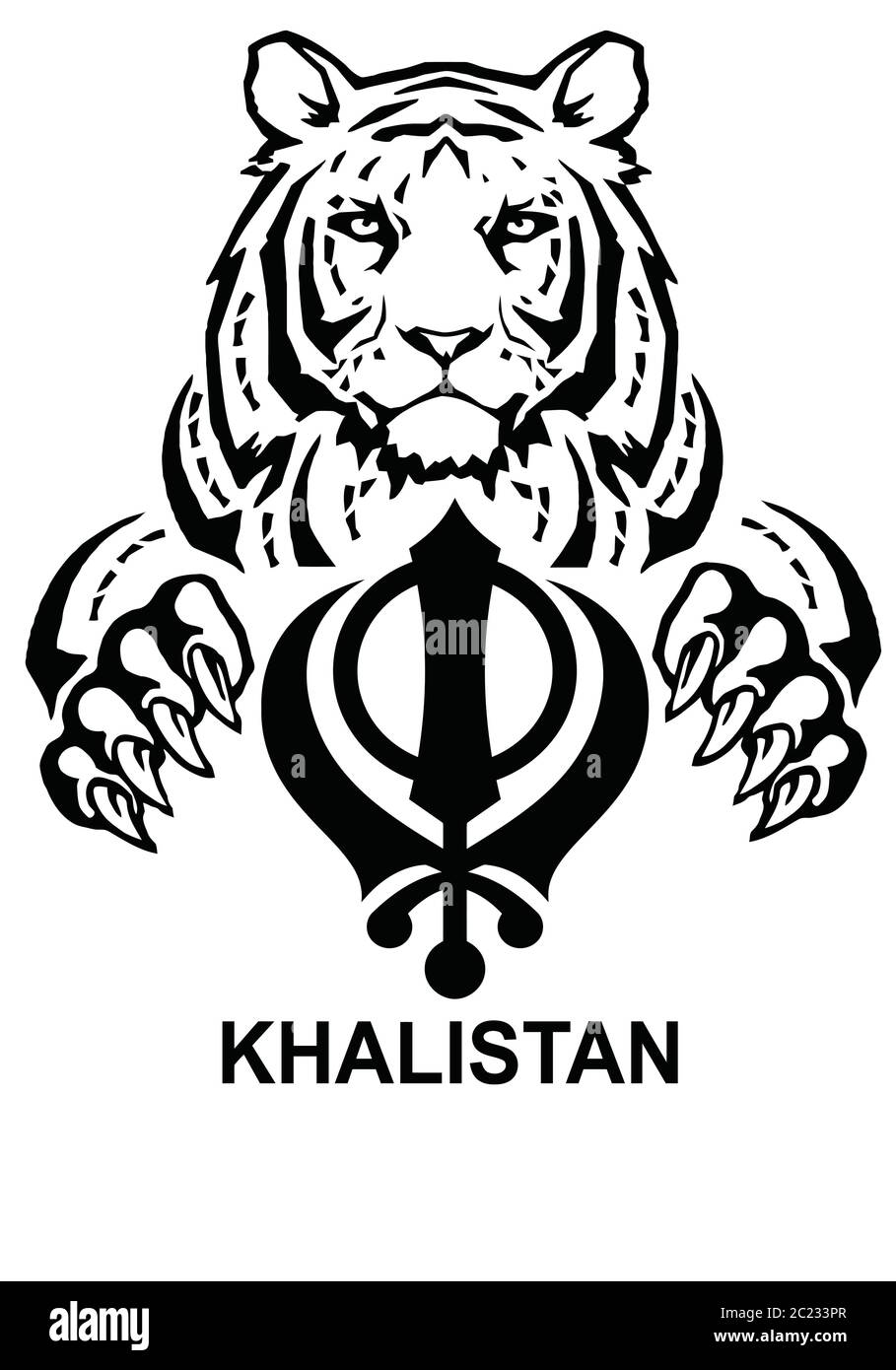 The Tiger and the most significant symbol of Sikhism - Sign of Khanda and Khalistan, drawing for tattoo, on a white background, vector Stock Vector