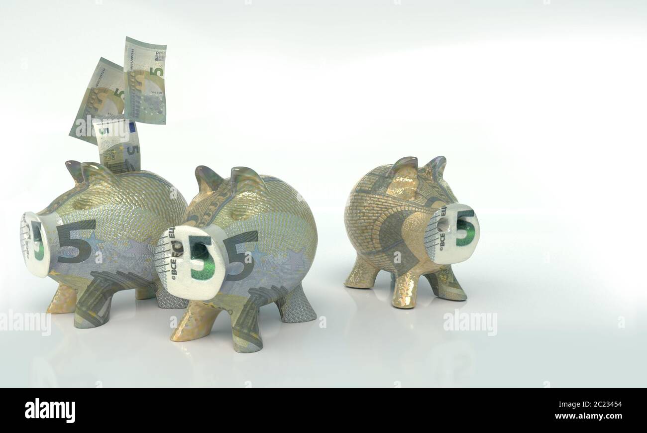Three little piggy banks with five euros Stock Photo