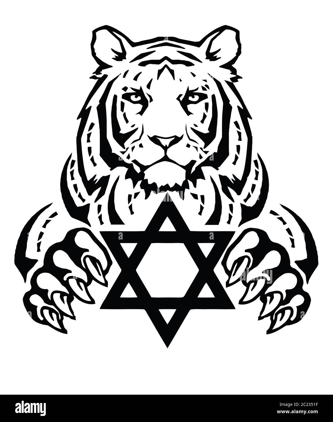 The Tiger and the symbol of Judaism - star of David, Megan David, drawing for tattoo, on a white background, vector Stock Vector