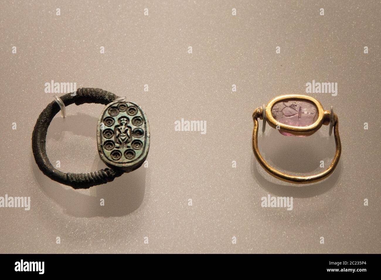 Leiden, The Netherlands - JAN 26, 2019: old rings from ancient Egypt, old jewelry with inscriptions hieroglyphics. Stock Photo