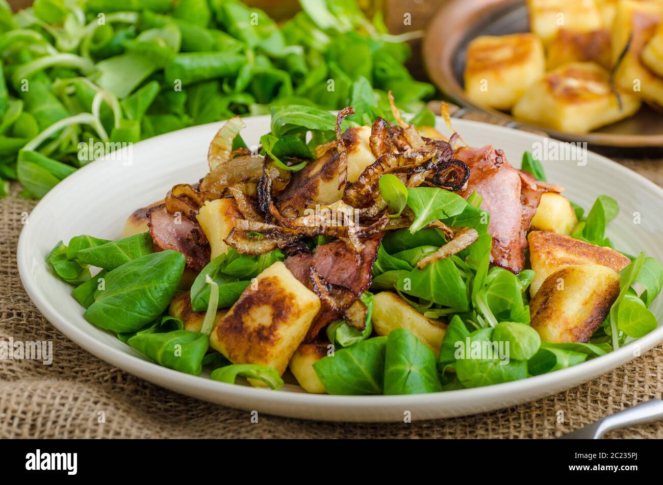 Potato gnocchi with summer salad, bacon and fried onions. Gnocchi