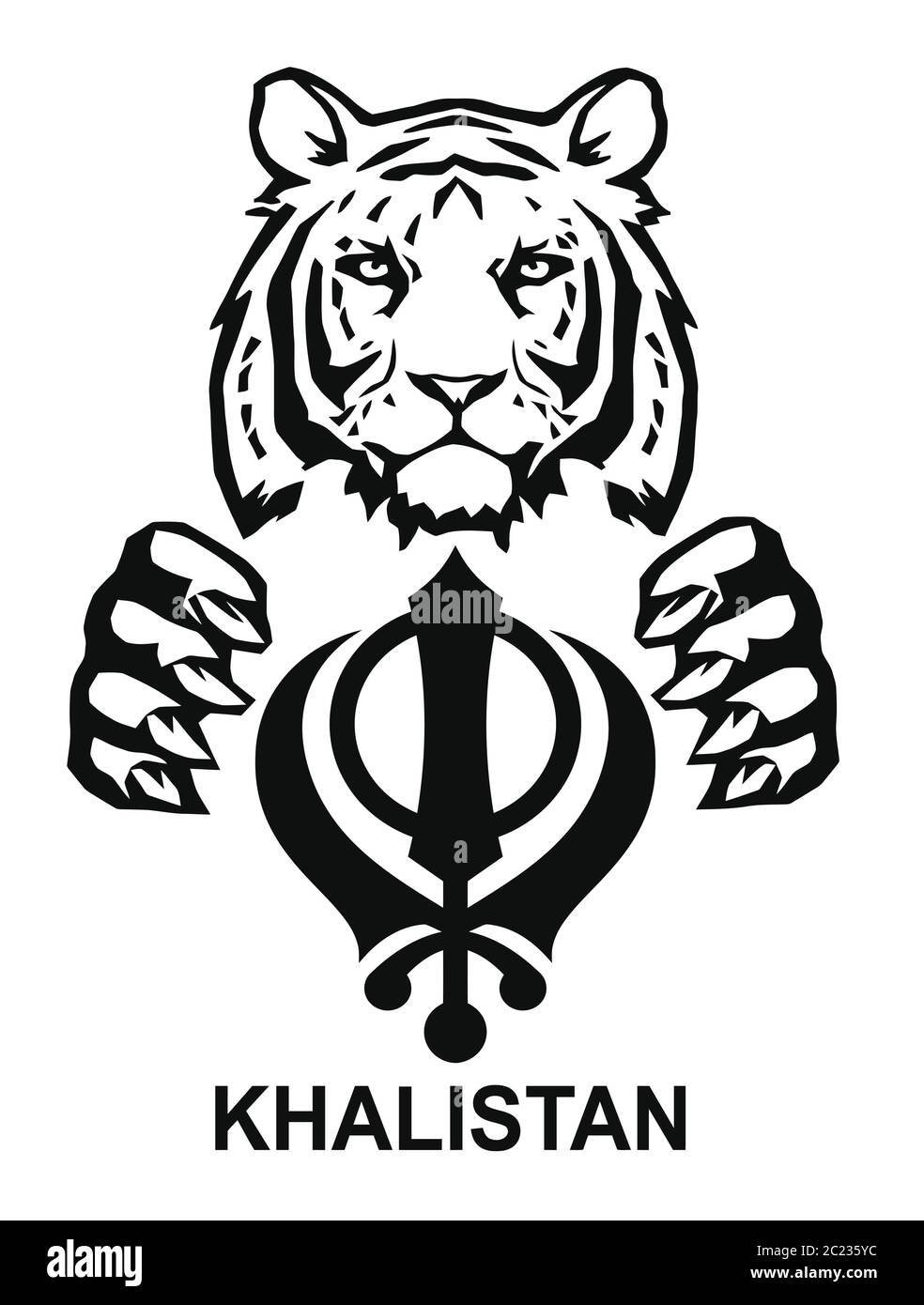 The Tiger and the most significant symbol of Sikhism - Sign of Khanda and Khalistan, drawing for tattoo, on a white background, vector Stock Vector