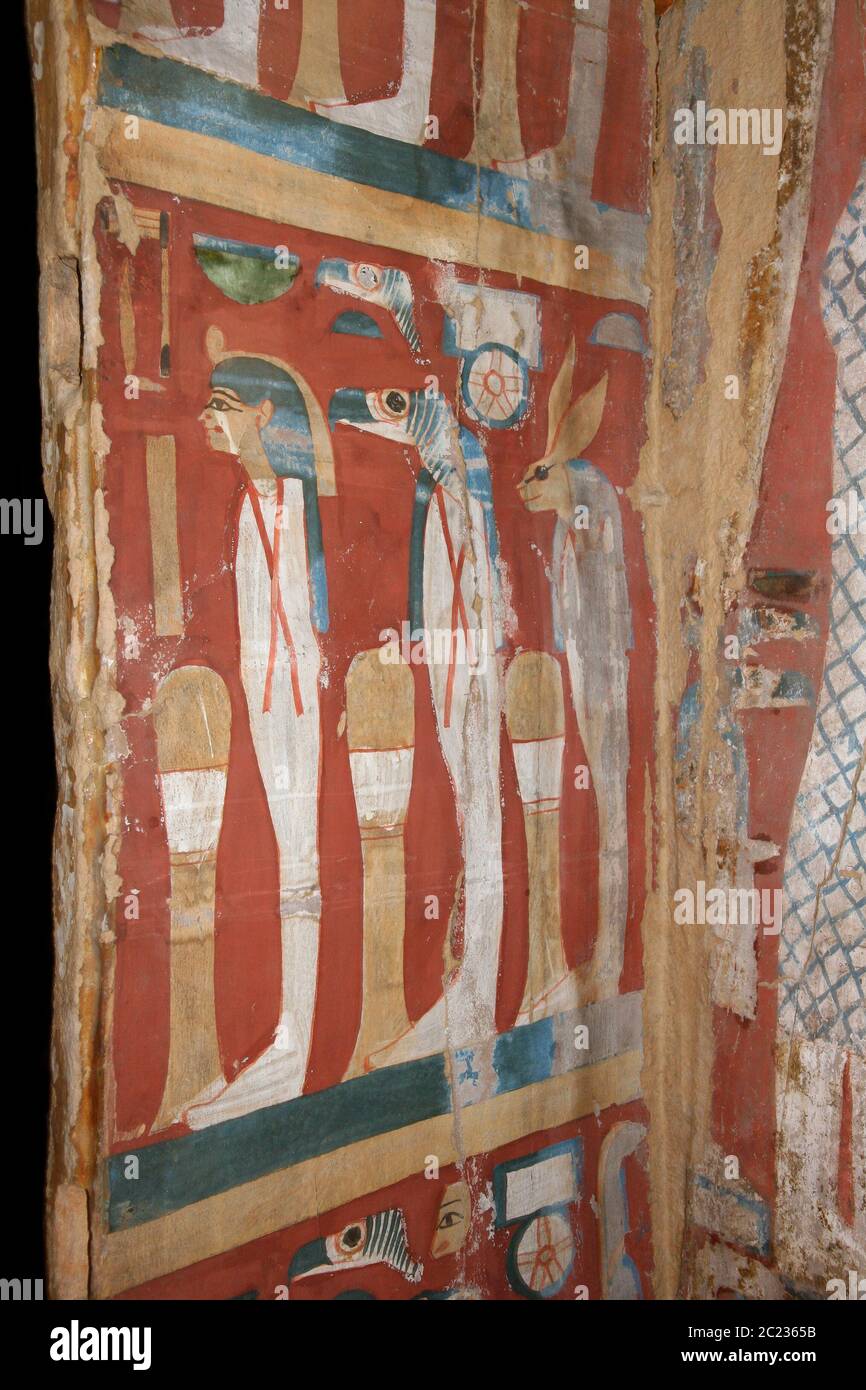 Leiden, The Netherlands - JAN 26, 2019: closeup of colored decoration on an old wooden sarcophagus from ancient egypt. Stock Photo