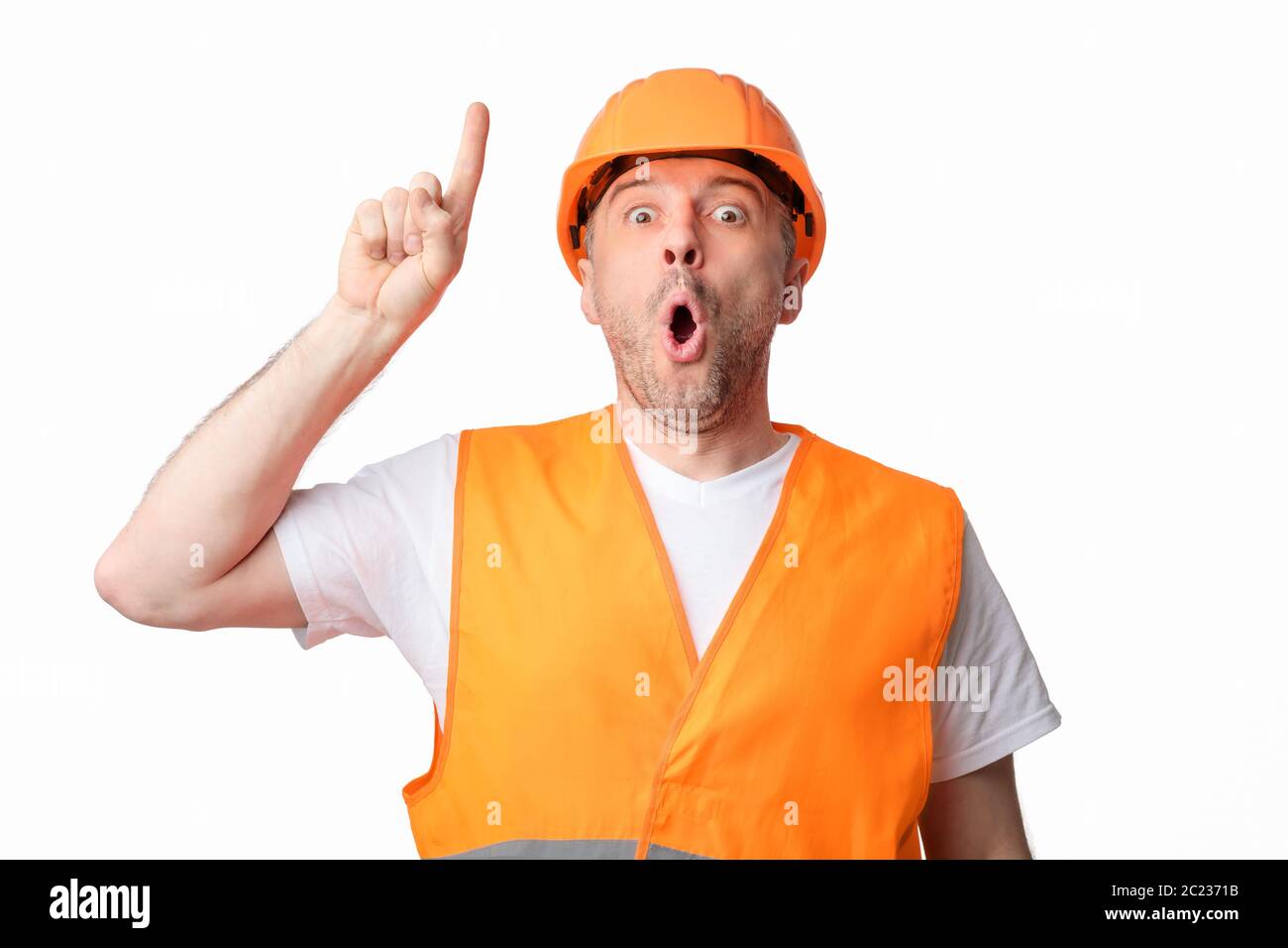 Happy Builder Smiling To Camera Posing Standing On White Background Stock Photo