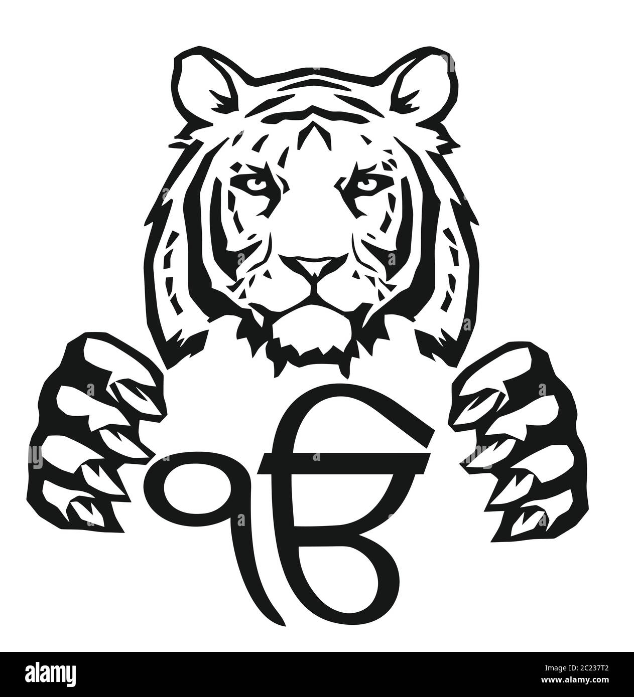 The Tiger and the most significant symbol of Sikhism - Sign Ek Onkar, drawing for tattoo, on a white background, vector Stock Vector