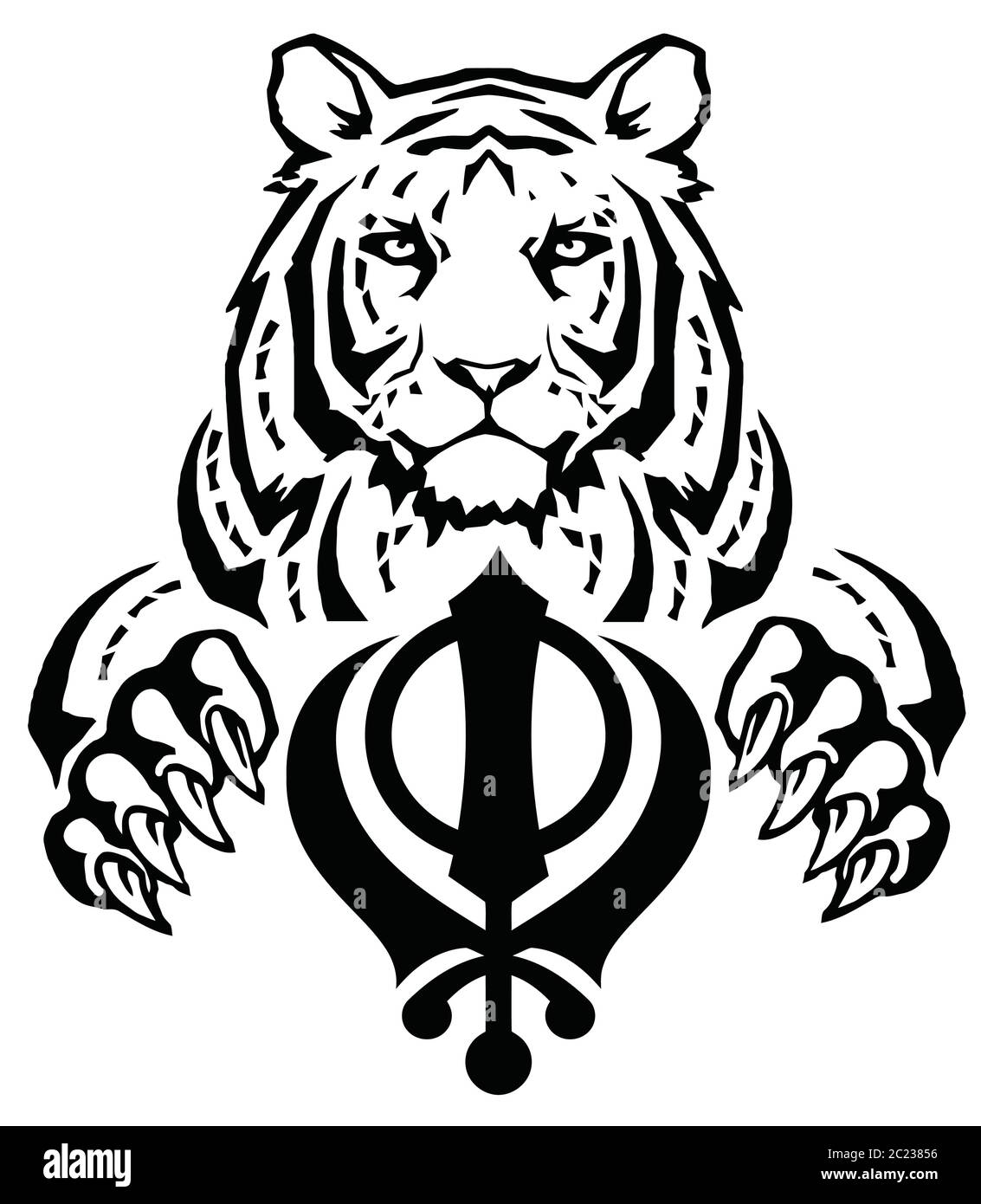 The Tiger and the most significant symbol of Sikhism - Sign of Khanda, drawing for tattoo, on a white background, vector Stock Vector