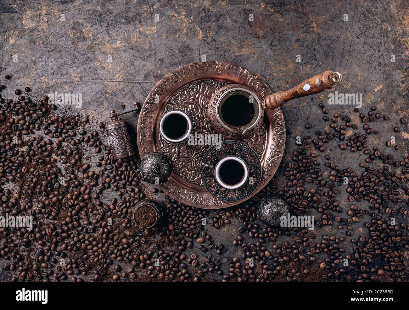 Turkish coffee with traditional copper serving set Stock Photo