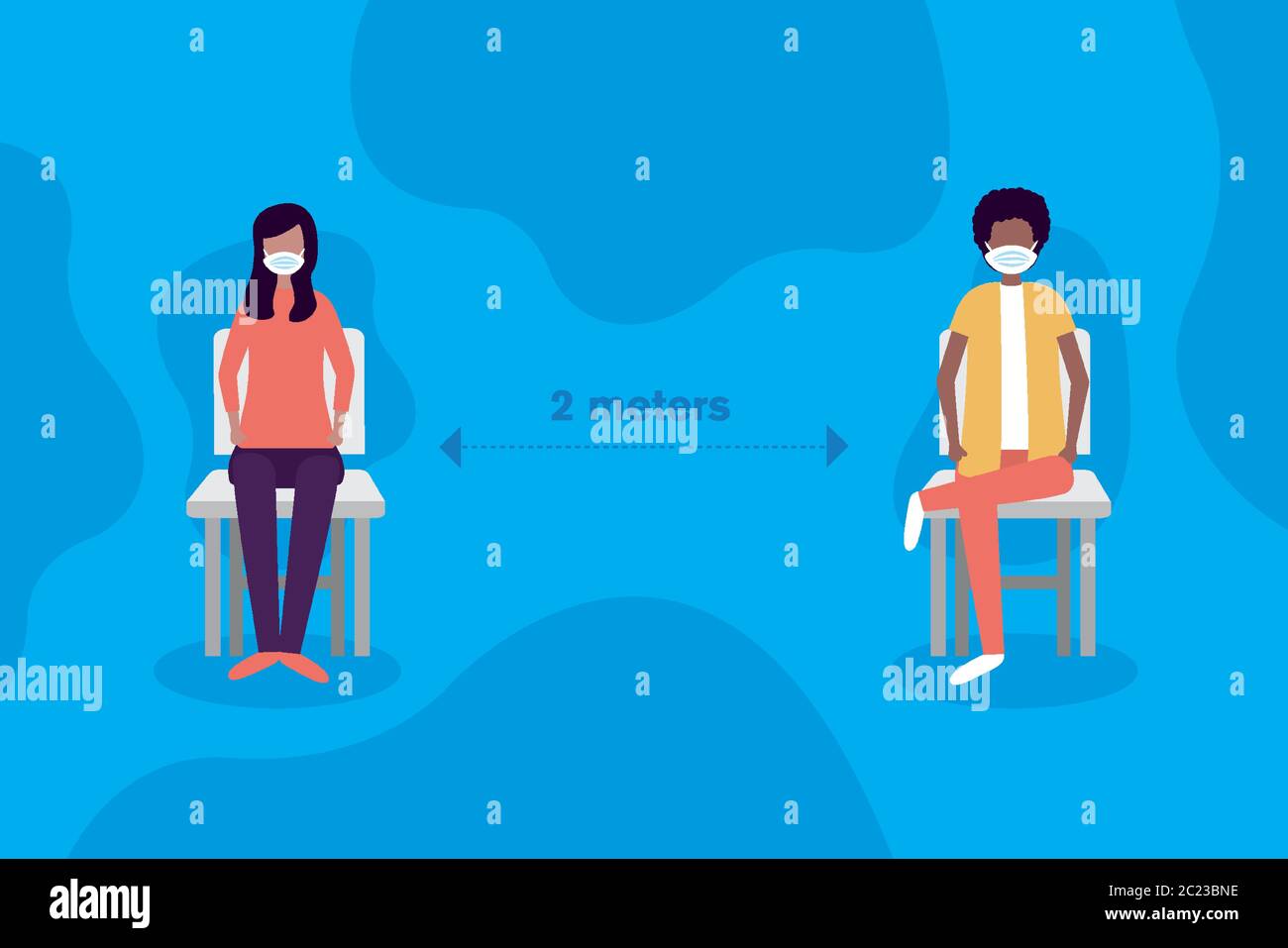 Social distancing between boy and girl with masks on chairs design of ...