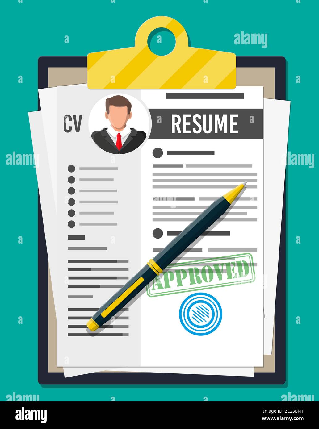 Clipboard with job application and pen. CV papers resume. Job interview.  Human resources management concept, searching professional staff, work.  Found right resume. Vector illustration in flat style Stock Vector Image &  Art 