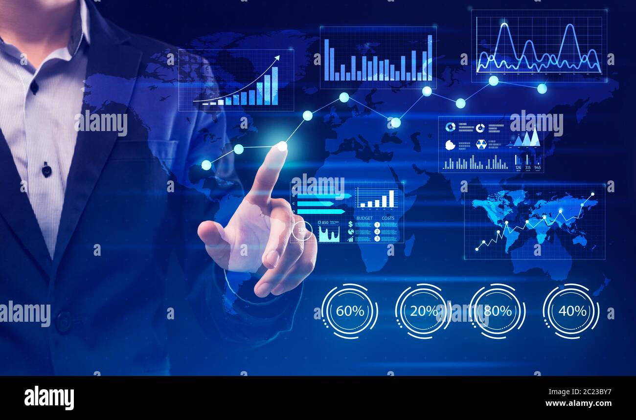 Businessman Pressing Button On Virtual Panel Over Blue Background, Cropped Stock Photo