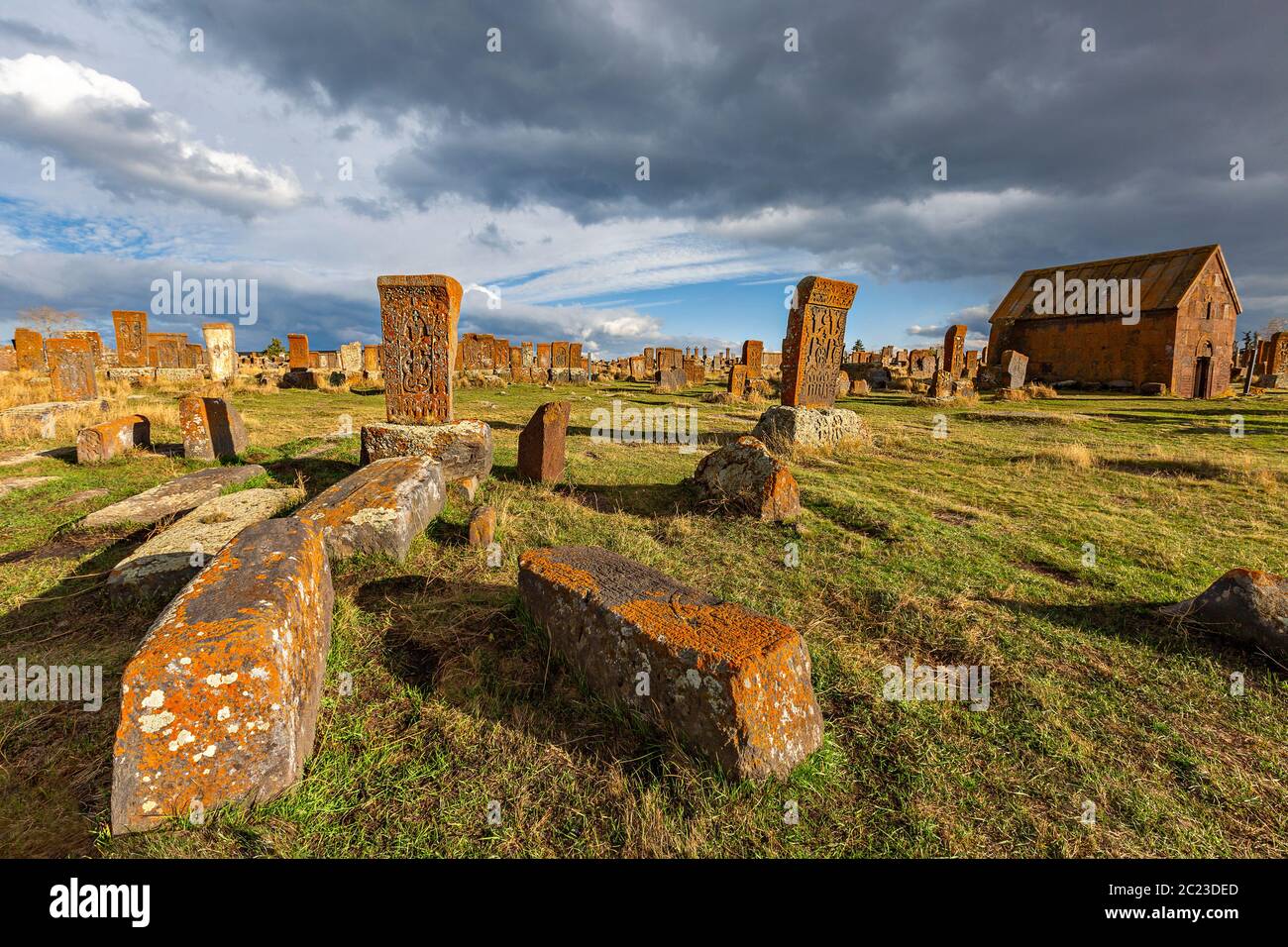 Tombstones known as Kahchkars in the historical cemetery of Noratus in Armenia Stock Photo