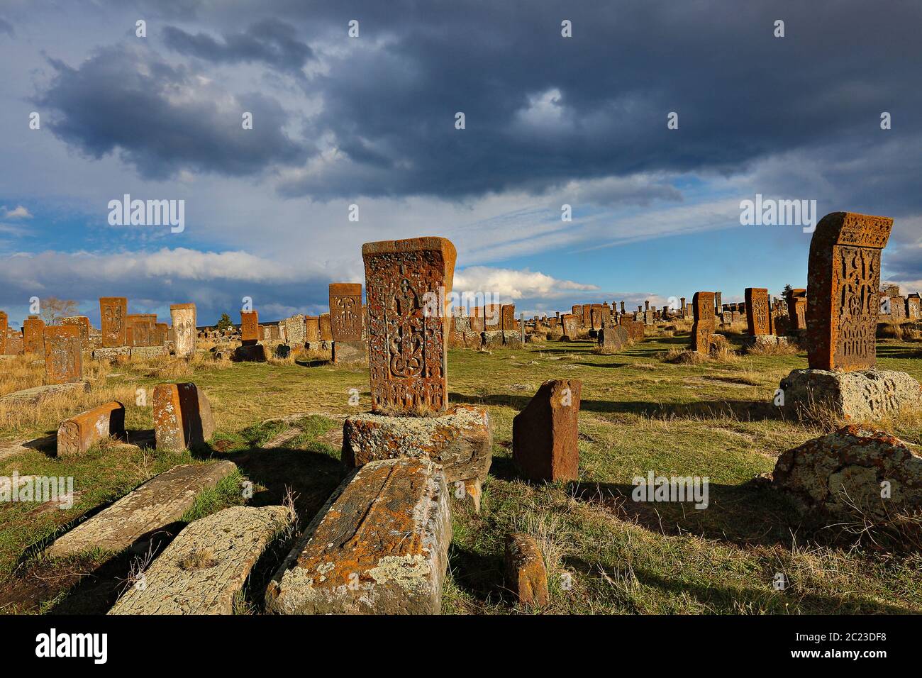 Tombstones known as Kahchkars in the historical cemetery of Noratus in Armenia Stock Photo