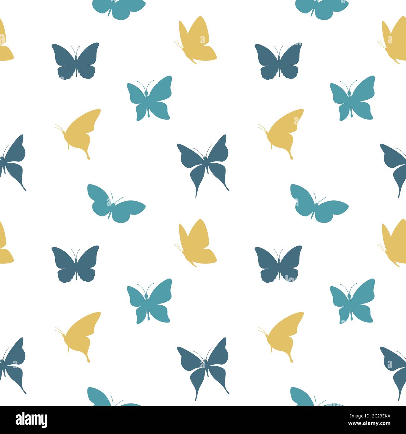 Butterflies flying in blue and yellow colors seamless pattern