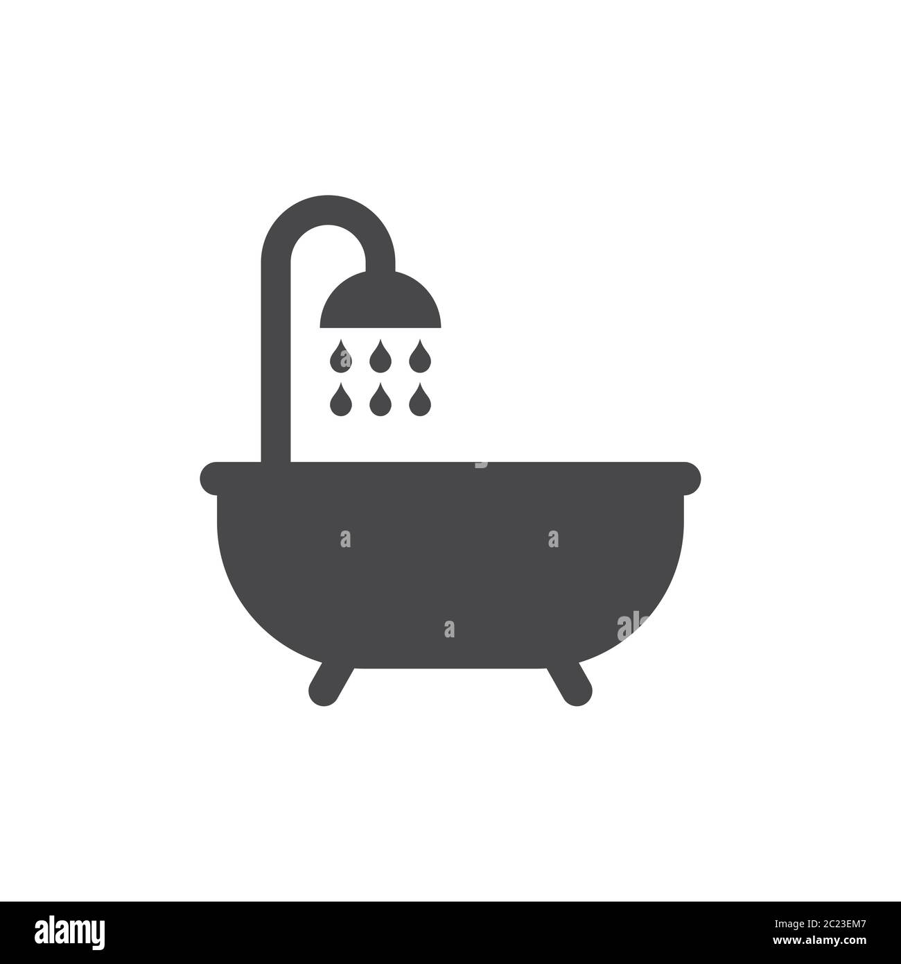 Bathtub with shower and water drops black vector icon. Bathroom, washroom symbol. Stock Vector