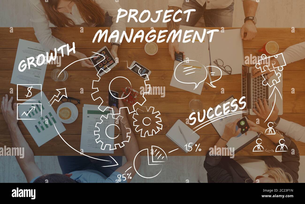 Schematic idea of project management over business team having meeting Stock Photo