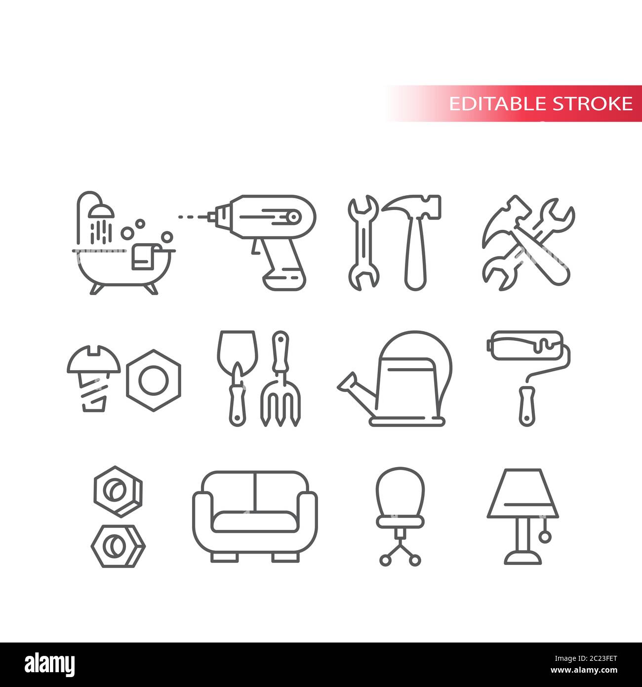 Hardware store, home improvement shop or DIY thin line icon set. Hand tools, bathtub, roller, hammer outline editable icons. Stock Vector