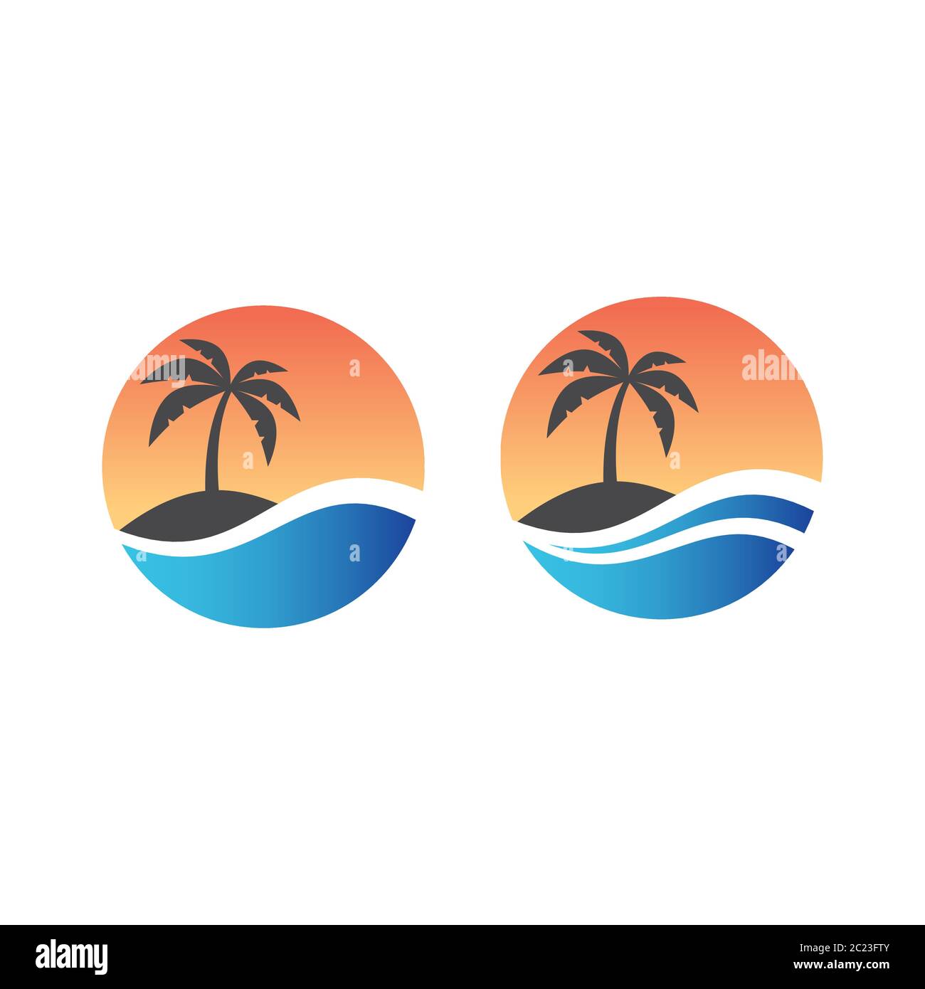 Palm, tropical island and sea or ocean wave in circle logo design. Tourism, exotic summer vacation or holiday colorful vector symbol. Stock Vector