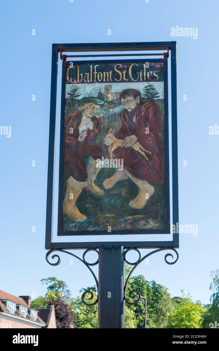 The village sign that stands on the village green in Chalfont St. Giles