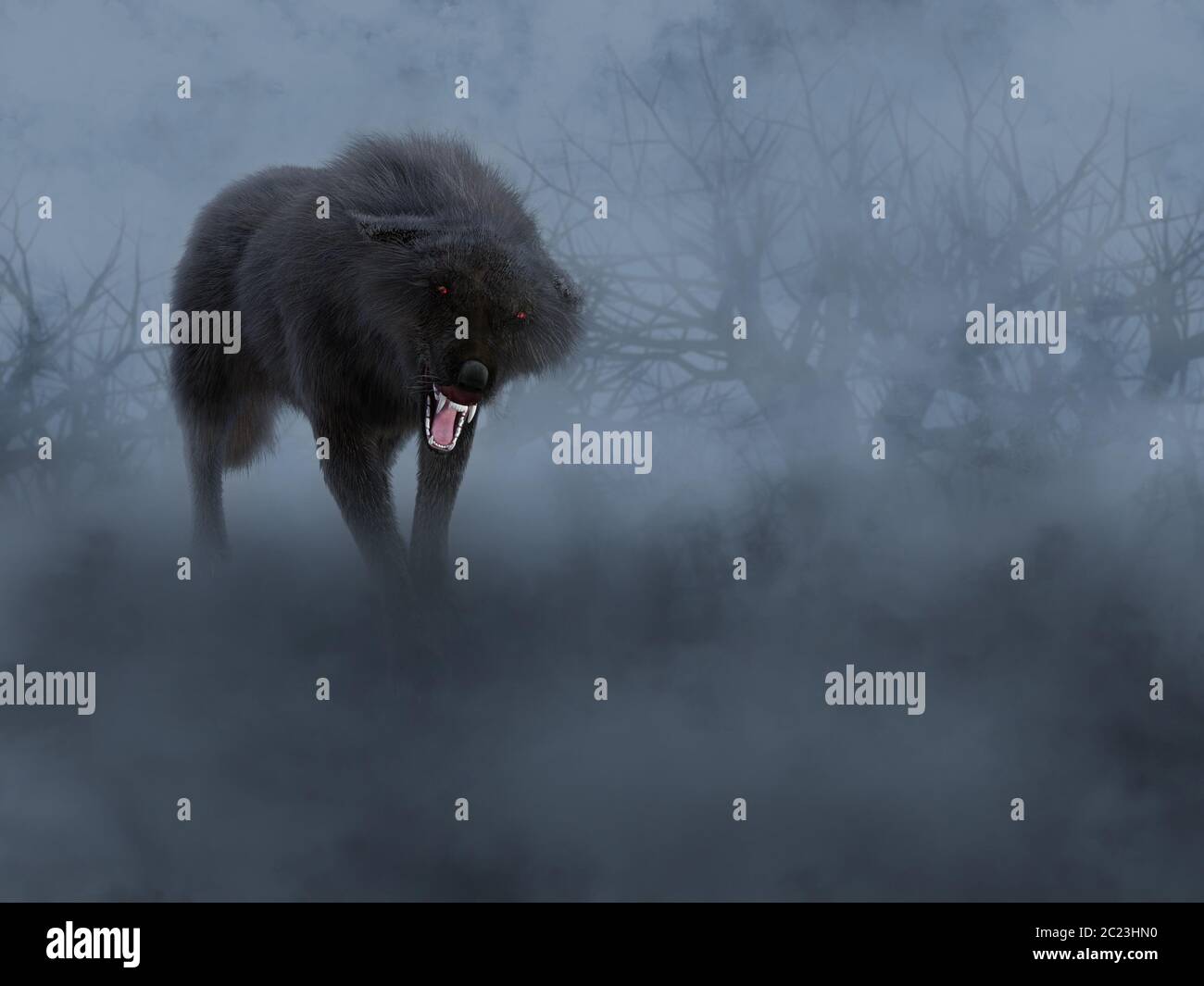 3D rendering of a black growling aggressive wolf with glowing red eyes in a dark mysterious foggy forest. Stock Photo
